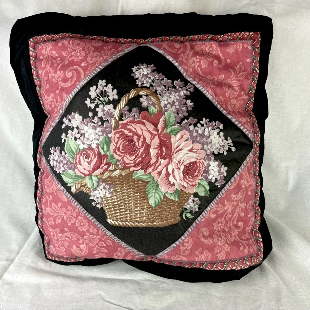 Vintage Handmade Quillow Quilted Pillow Blanket Travel Roses Pink & Black